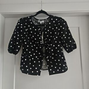 Vigoss Black and White Polka Dot Tie Front Puff Sleeve Top 100% Cotton